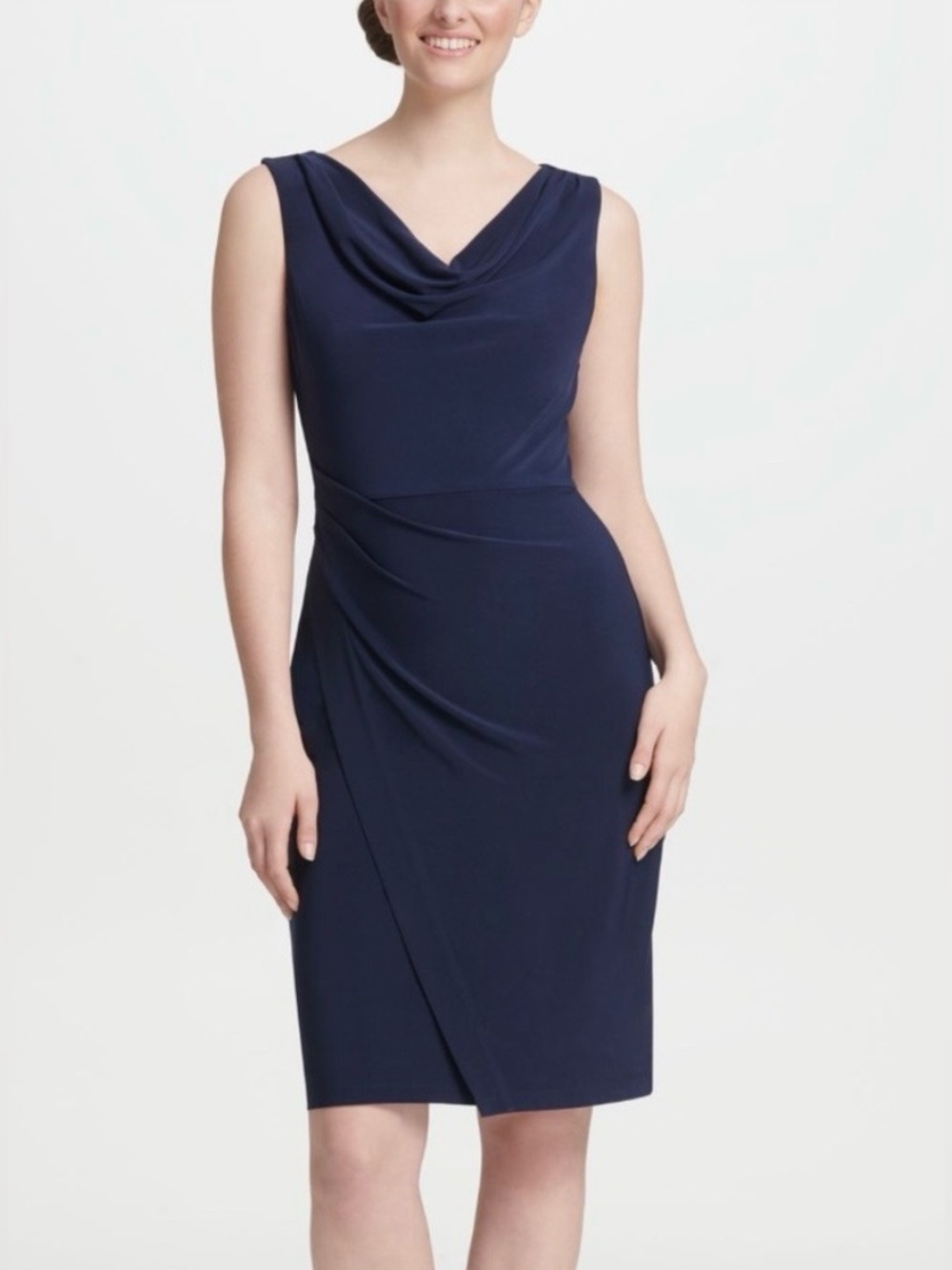 NEW! DKNY Cowl Neck Dress - Navy Sleeveless Knee Length Sheath NWT Size 10